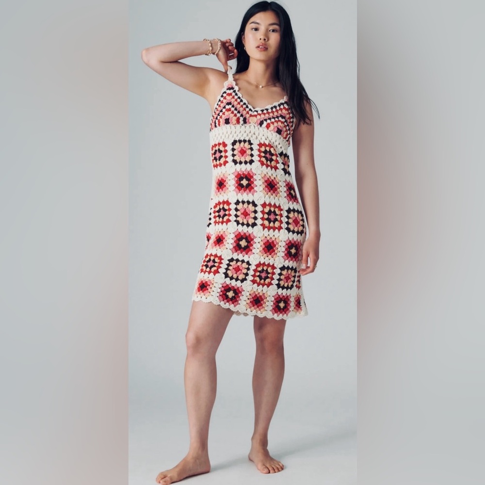 Lucky Brand NWT
Pink Granny Square Crochet Mini Dress